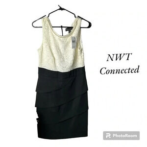 Black & light cream colorblock dress,10P, lace,pearls,bandage,romantic,NWT
